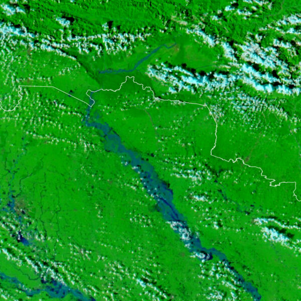 False-color satellite image of floodwater in blue along the Gandak River across the Nepal-India border, with green vegetation and clouds