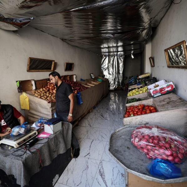 Two men in a small vegetable shop in Gaza with crates of onions, potatoes and tomatoes