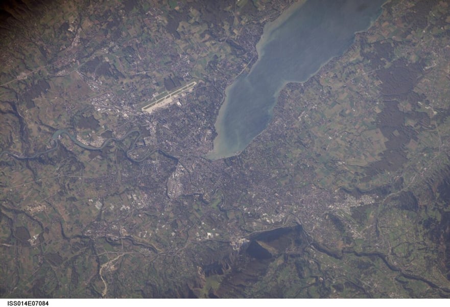 View from the International Space Station of Geneva at the southern tip of Lake Geneva