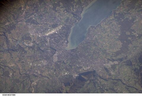 View from the International Space Station of Geneva at the southern tip of Lake Geneva