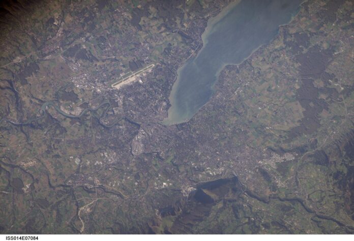 View from the International Space Station of Geneva at the southern tip of Lake Geneva