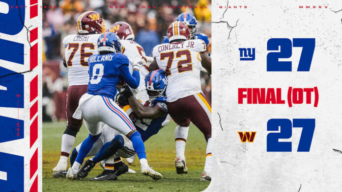 Image accompanying the New York Giants official recap of their 27-27 overtime tie with Washington