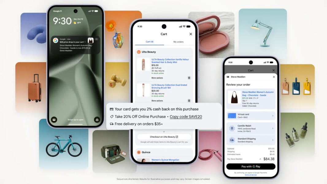Three phone screens showing Google's Universal Cart with a price-drop alert, a multi-retailer cart and a Google Pay checkout, over a collage of products