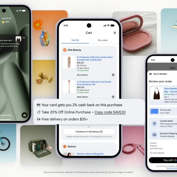 Three phone screens showing Google's Universal Cart with a price-drop alert, a multi-retailer cart and a Google Pay checkout, over a collage of products