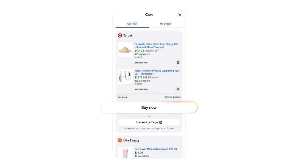 Google illustration of a Universal Cart screen with Target items, a Buy now button and a Checkout on Target option