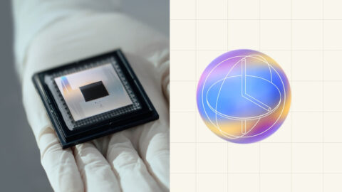 Gloved hand holding Google's Willow quantum processor beside an illustration of a magic state as a glowing sphere