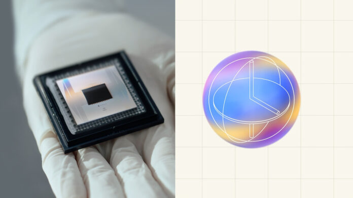 Gloved hand holding Google's Willow quantum processor beside an illustration of a magic state as a glowing sphere