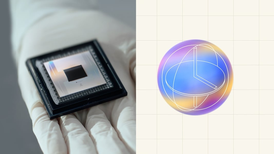 Gloved hand holding Google's Willow quantum processor beside an illustration of a magic state as a glowing sphere