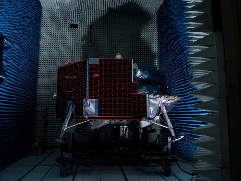 Voyager Technologies' Griffin-1 lander inside the anechoic chamber at NASA's Jet Propulsion Laboratory, surrounded by blue foam spikes