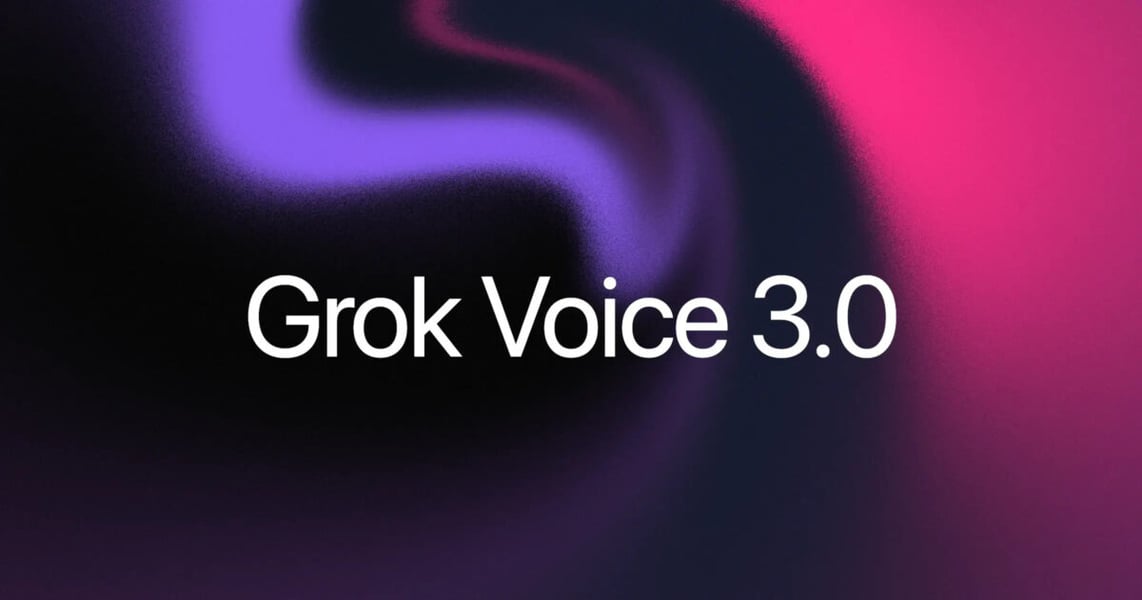 White Grok Voice 3.0 title text over a dark background with purple and pink gradient light