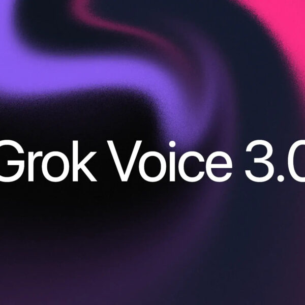 White Grok Voice 3.0 title text over a dark background with purple and pink gradient light