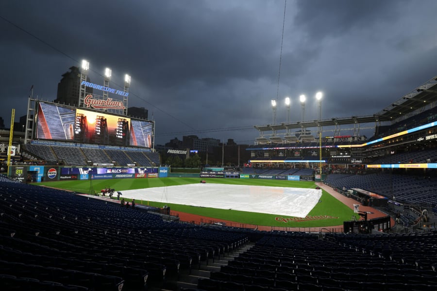 A tarp covers Progressive Field before Guardians–Rays ALCS Game 4 in Cleveland on October 16, 2026.