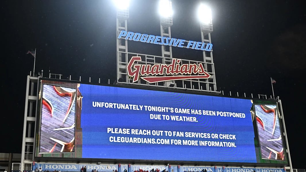 Image accompanying USA TODAY’s report on the Guardians–Rays ALCS Game 4 postponement.