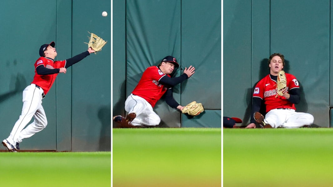 Three-frame sequence of a Cleveland Guardians outfielder reaching, sliding into the wall and holding the ball in his glove