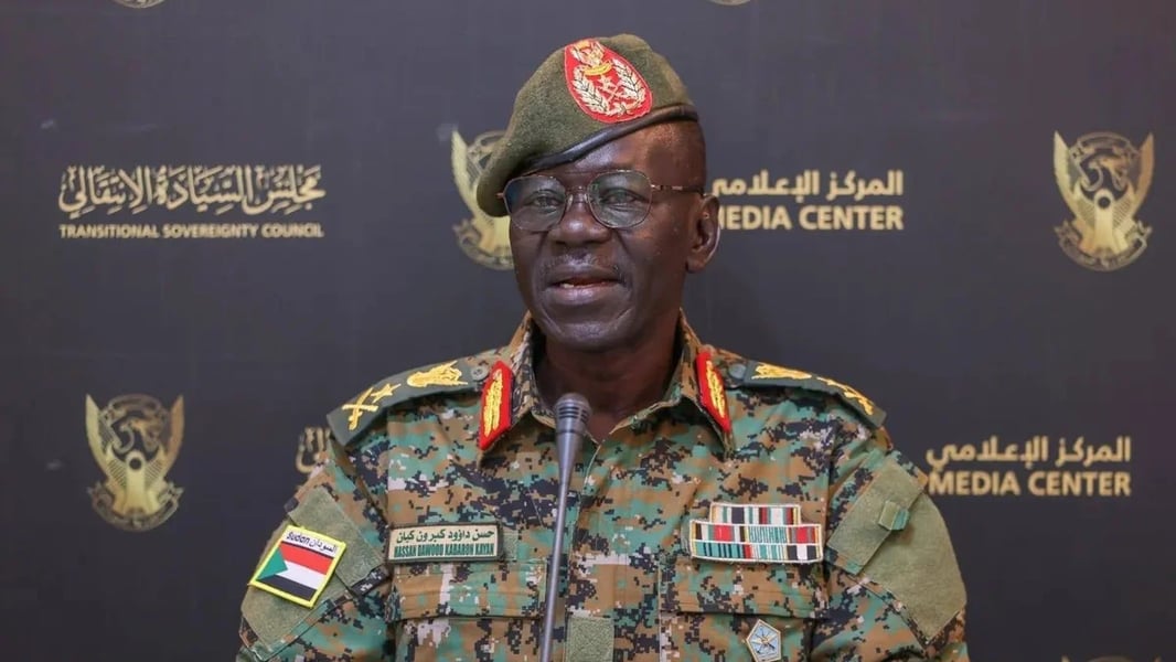 Sudanese Defense Minister Gen. Hassan Kabroun speaking at a Transitional Sovereignty Council media center
