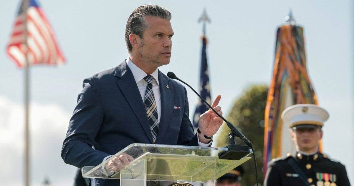 Defense Secretary Pete Hegseth speaking at a Pentagon ceremony for prisoners of war