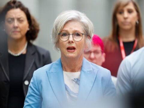 Independent MP Helen Haines, in a pale blue jacket, speaks to reporters in a file photo from February 2026