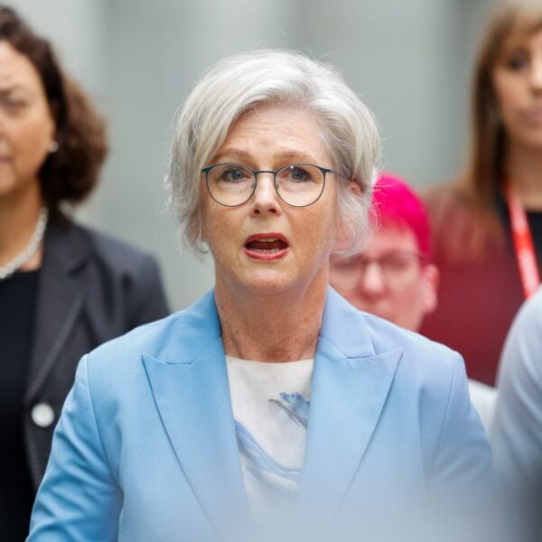 Independent MP Helen Haines, in a pale blue jacket, speaks to reporters in a file photo from February 2026