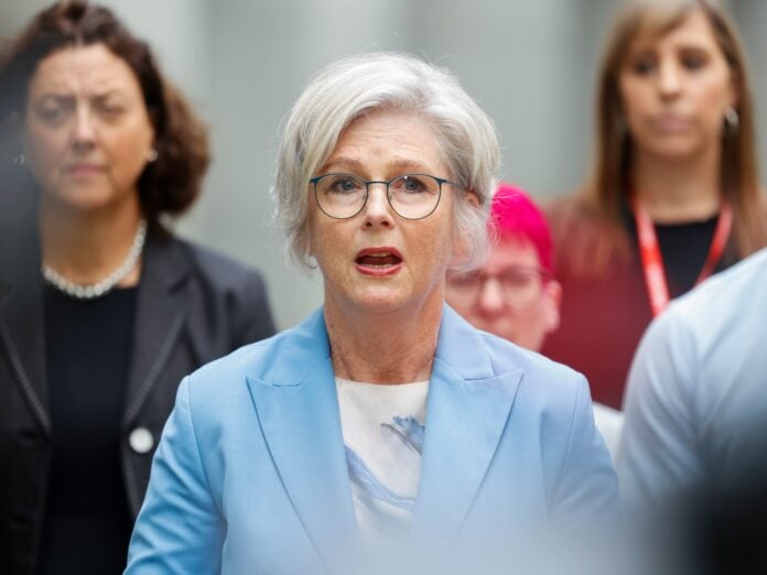 Independent MP Helen Haines, in a pale blue jacket, speaks to reporters in a file photo from February 2026