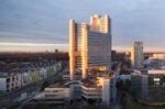 HypoVereinsbank headquarters tower in Munich at dusk, the German unit of UniCredit