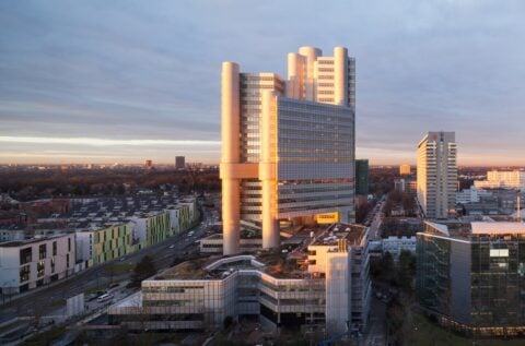 HypoVereinsbank headquarters tower in Munich at dusk, the German unit of UniCredit