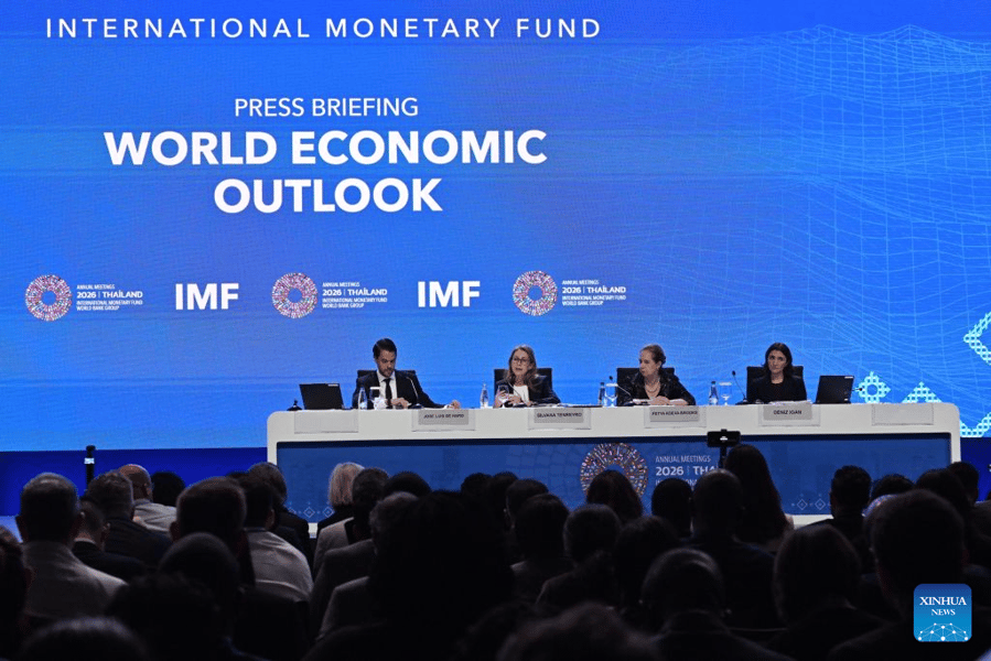 IMF officials at the World Economic Outlook press briefing during the 2026 Annual Meetings in Bangkok