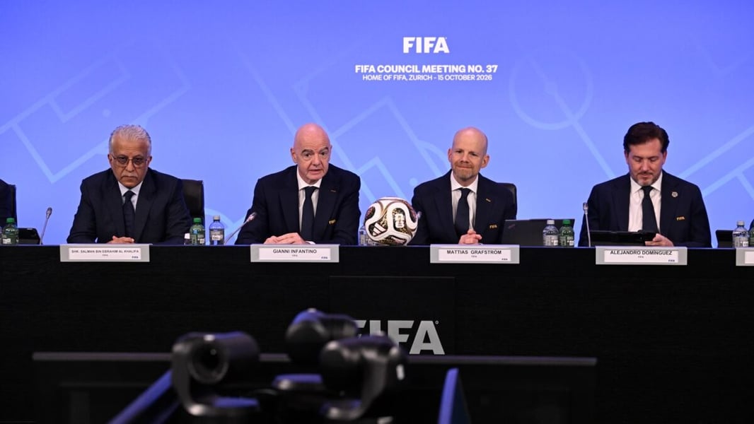 FIFA President Gianni Infantino speaking at the table of FIFA Council meeting no. 37 in Zurich beside Sheikh Salman bin Ebrahim Al Khalifa and Secretary General Mattias Grafstrom