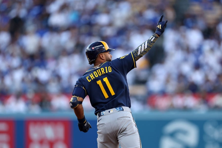 Milwaukee Brewers left fielder Jackson Chourio gestures during Game 3 of the NLCS at Dodger Stadium