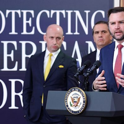 Vice President JD Vance speaks at a news conference on visa fraud and PERM suspensions