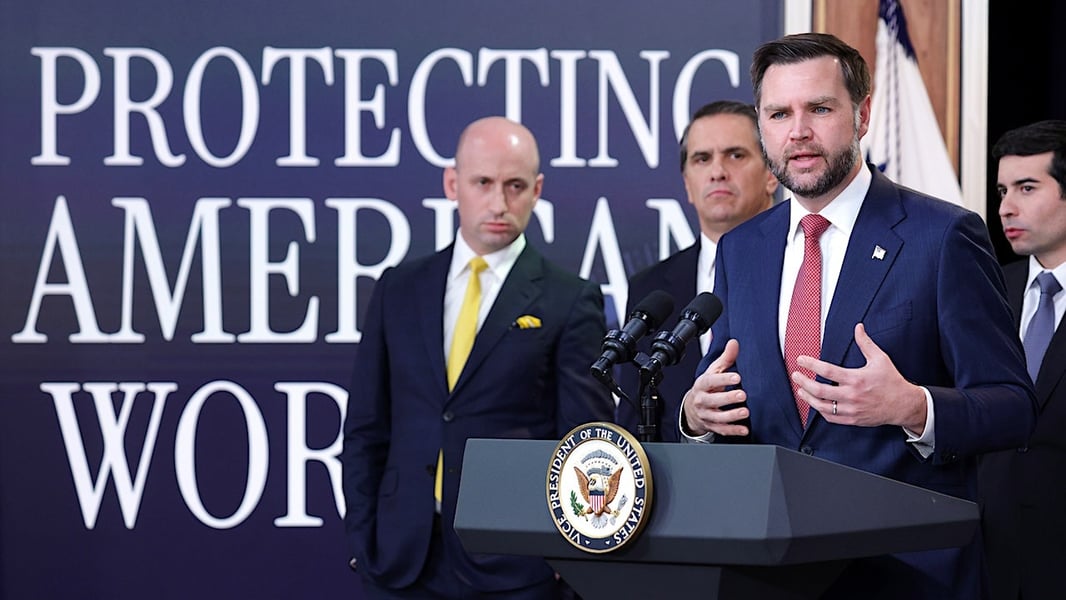 Vice President JD Vance speaks at a news conference on visa fraud and PERM suspensions
