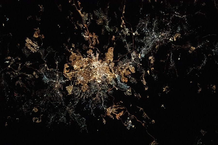 The city lights of Jerusalem and surrounding areas photographed at night from the International Space Station
