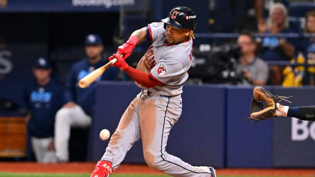 Cleveland Guardians third baseman Jose Ramirez swings at a pitch during the ALCS at Tropicana Field