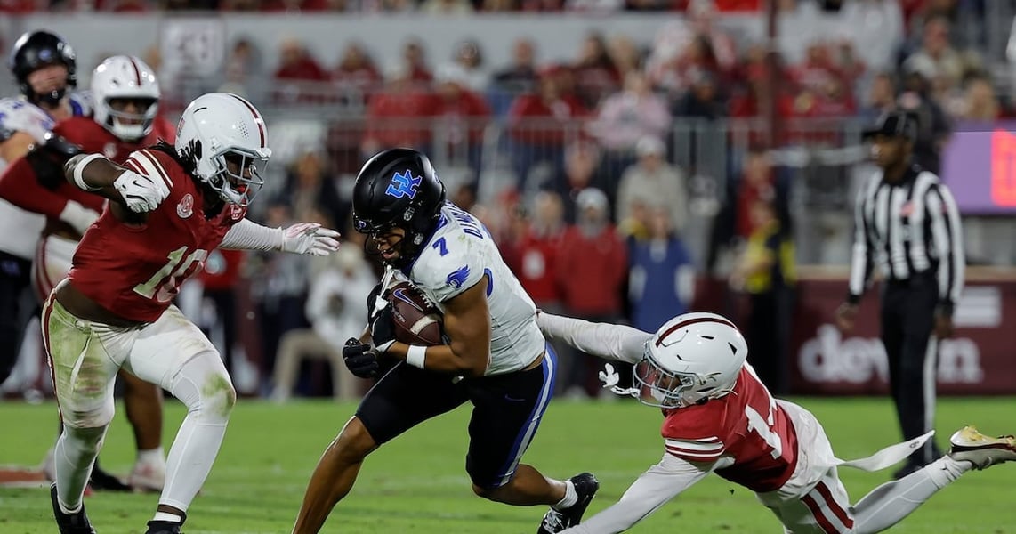 Kentucky receiver DJ Miller runs against Oklahoma during the October 17, 2026 game in Norman.