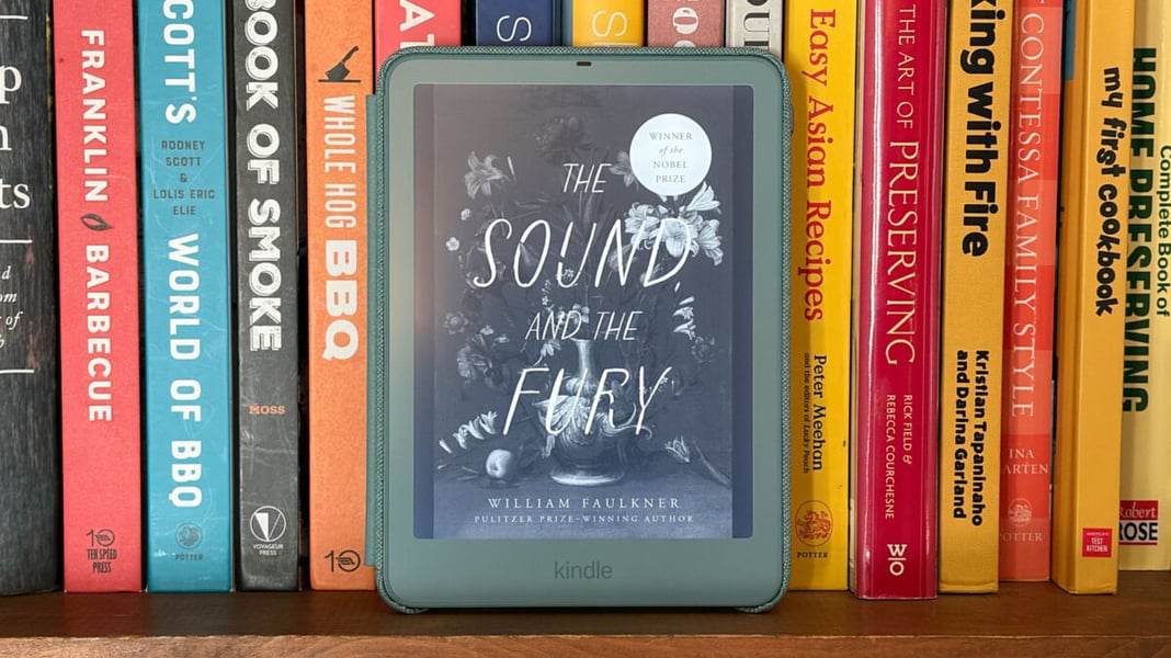 Seaglass Green Kindle Paperwhite Signature Edition displayed in front of books