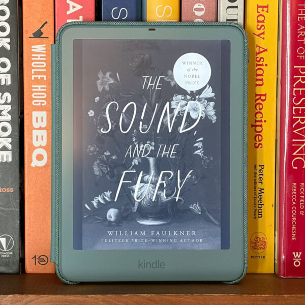 Seaglass Green Kindle Paperwhite Signature Edition displayed in front of books
