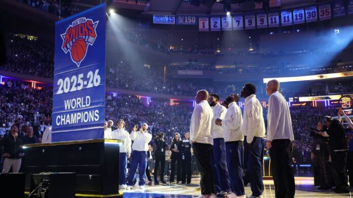 Image accompanying ESPN’s report on the Knicks’ championship banner and ring night at Madison Square Garden.