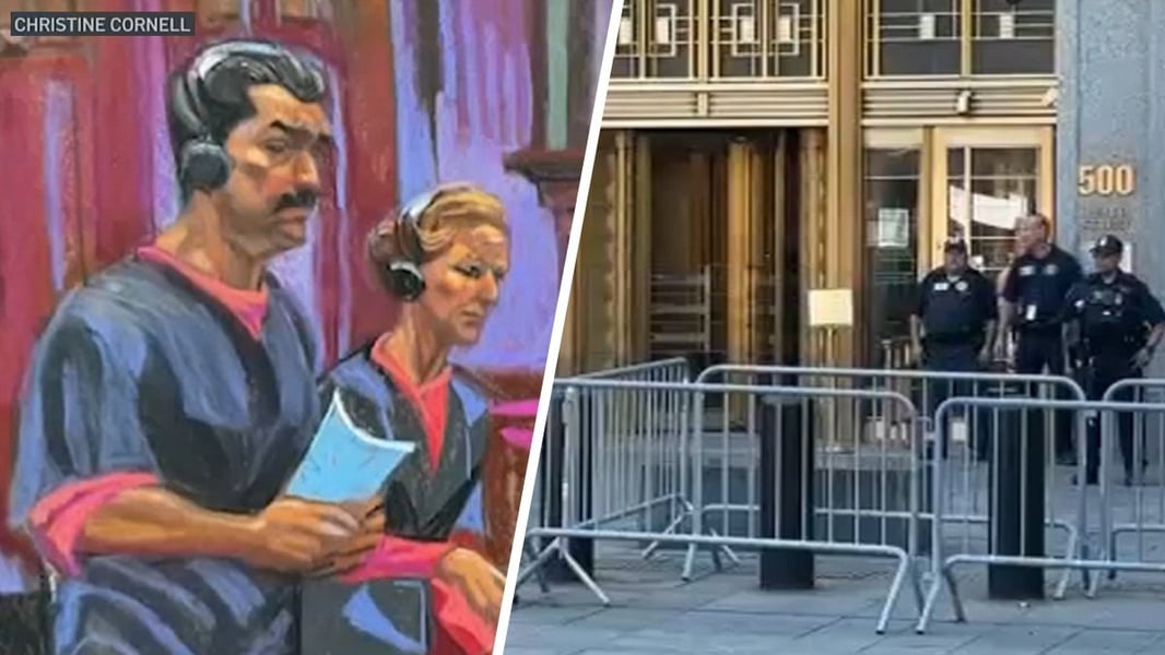 Courtroom sketch of Nicolas Maduro and Cilia Flores wearing headphones, beside police at the federal courthouse at 500 Pearl Street in Manhattan