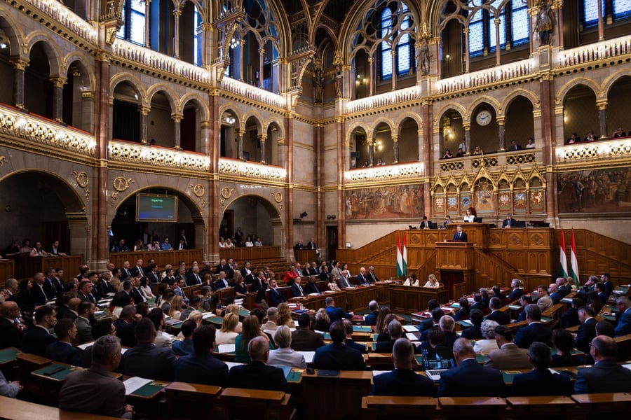Hungary's National Assembly chamber in Budapest in session, with Prime Minister Peter Magyar at the lectern