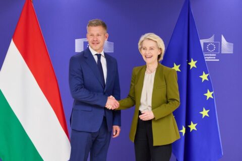 Hungarian Prime Minister Peter Magyar and European Commission President Ursula von der Leyen shake hands in front of Hungarian and EU flags
