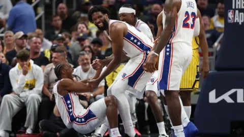 Tyrese Maxey and Joel Embiid in the photograph accompanying NBC Sports Philadelphia’s Sixers–Pacers analysis