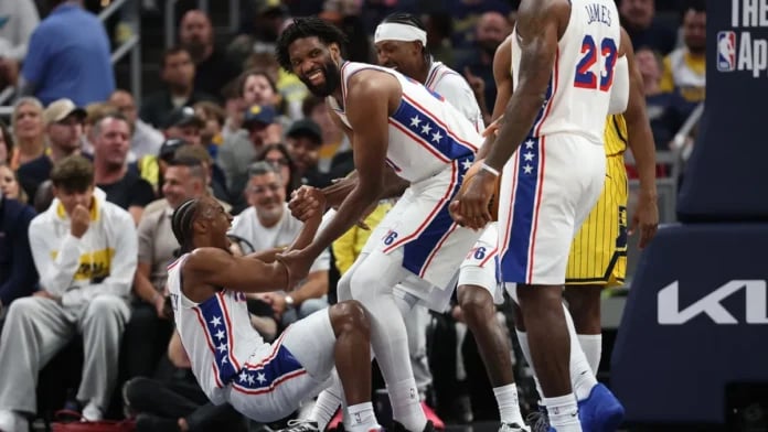 Tyrese Maxey and Joel Embiid in the photograph accompanying NBC Sports Philadelphia’s Sixers–Pacers analysis