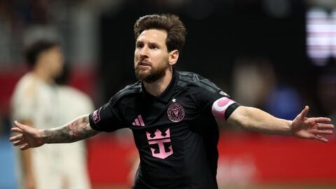 Lionel Messi of Inter Miami with arms outstretched during the match against Atlanta United