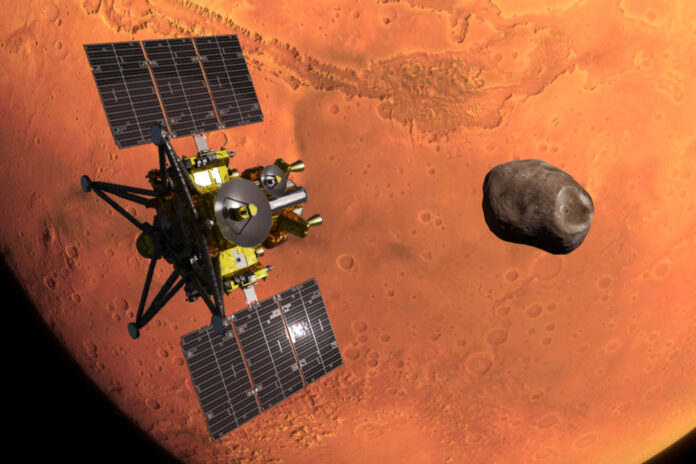 Artist's impression of the MMX spacecraft near Mars with its moon Phobos at right