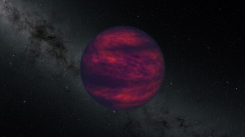 Artist's concept of a banded red and purple brown dwarf against a starry sky and the Milky Way