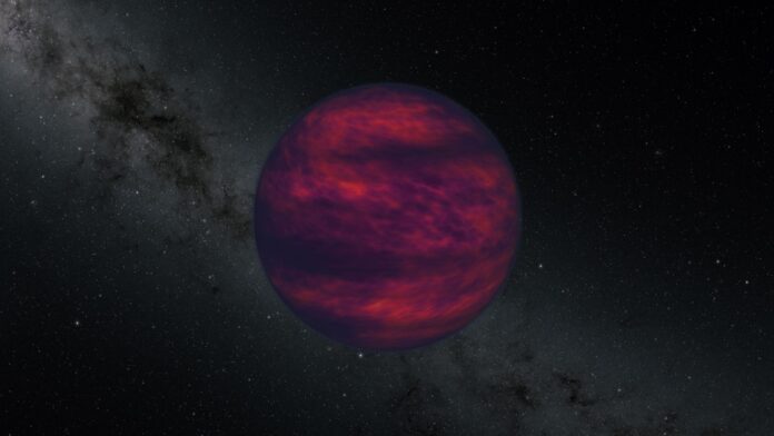 Artist's concept of a banded red and purple brown dwarf against a starry sky and the Milky Way