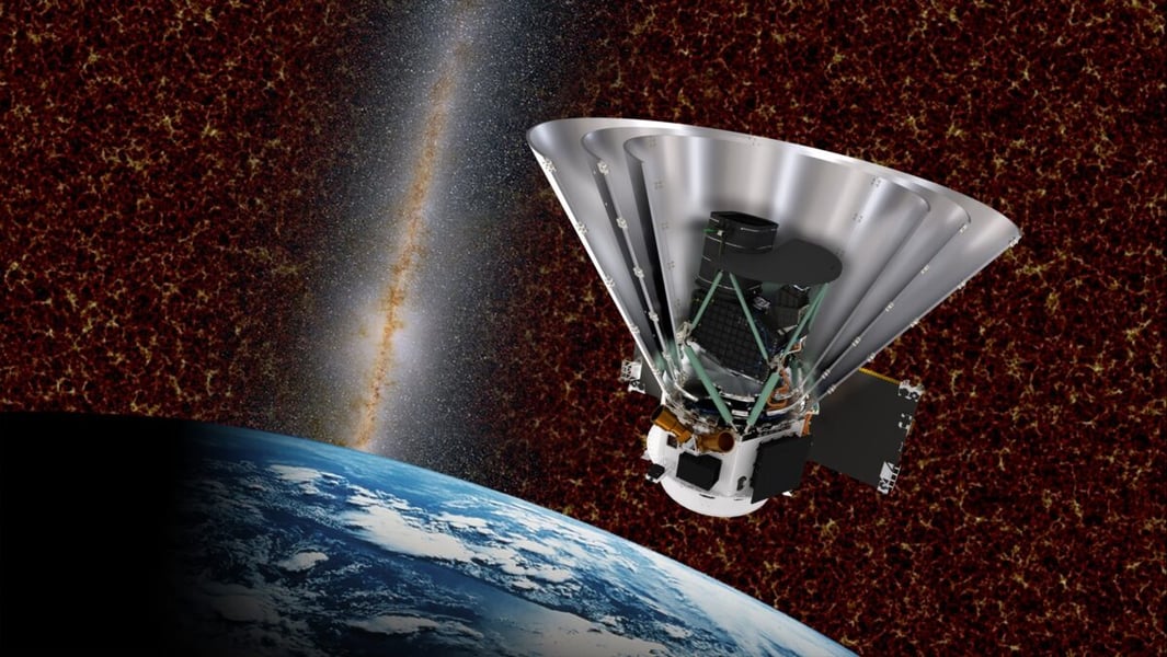 Illustration of the SPHEREx infrared observatory with its conical sunshield above Earth and the Milky Way