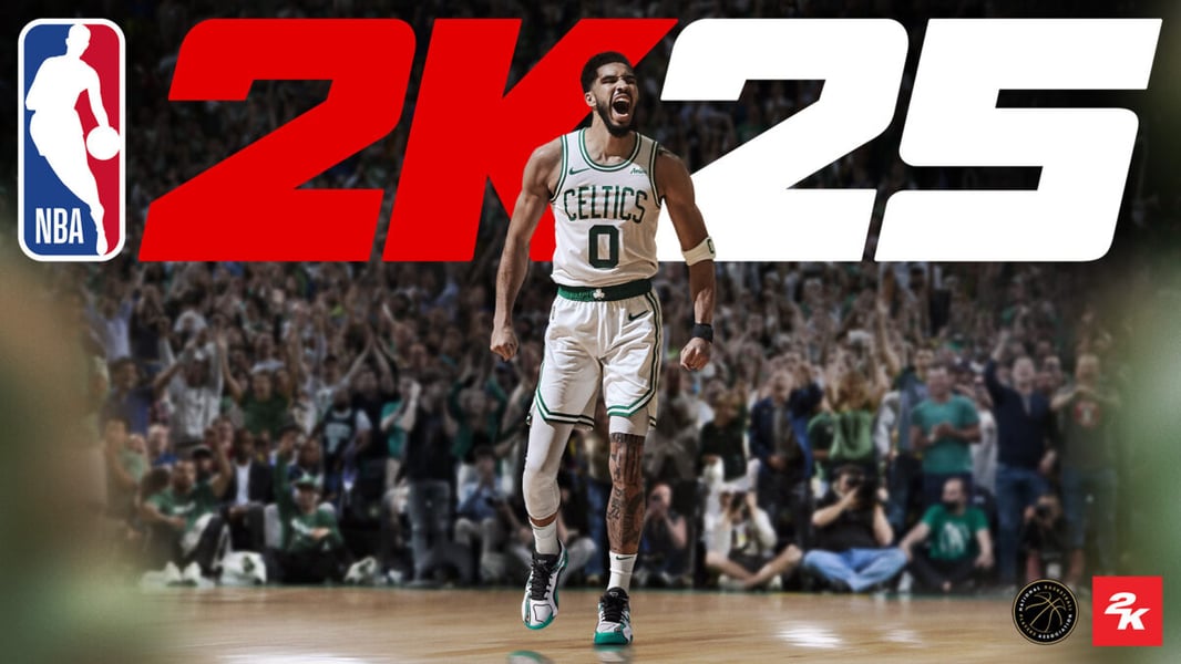 Official NBA 2K25 key art showing a Boston Celtics player roaring in front of the game logo