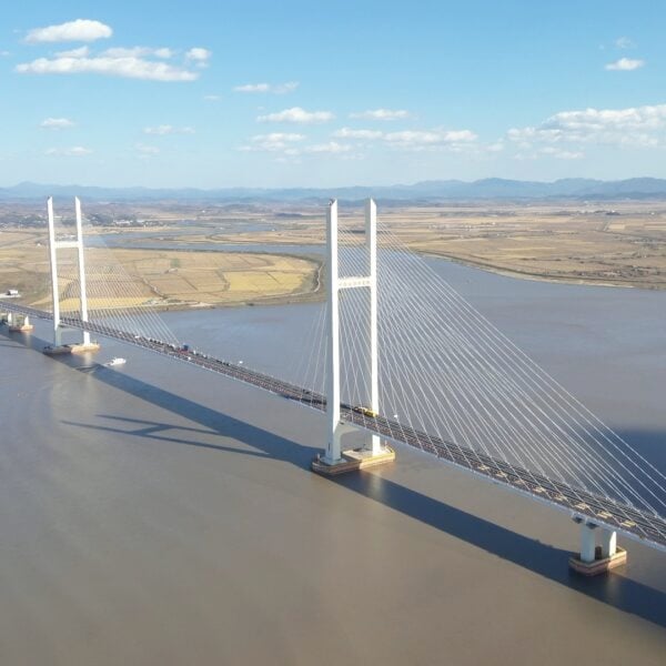 Aerial view of the cable-stayed New Yalu River Bridge linking Dandong in China with Sinuiju in North Korea