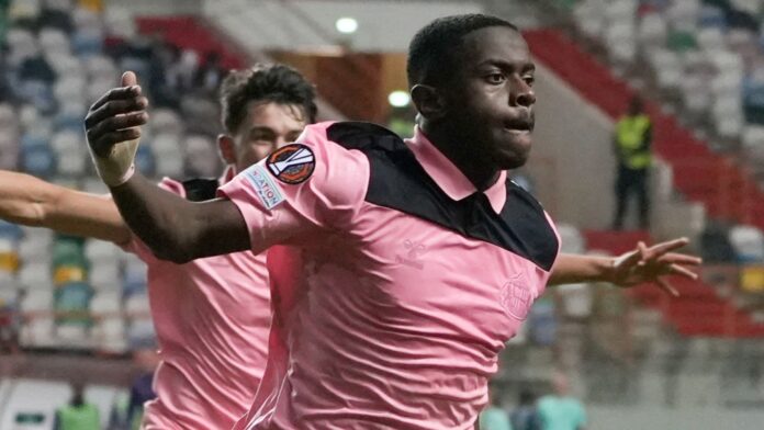 Sunderland's Noah Sadiki celebrates his late winner against Torreense in the Europa League in Leiria