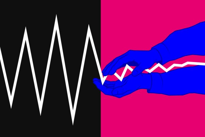 Illustration of two blue hands steadying a white zigzag line that swings sharply on the left and flattens on the right
